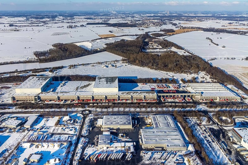Aerial view, industrial estate KonWerl, ATU warehouse, sewage treatment plant Werl, waste management Soest, winter, snow, Werl, Soester Börde, North Rhine-Westphalia, Germany, Soester, Börde, DE, Europe, birds-eyes, view, aerial photograph, aerial photography, aerial photography, overview, overview, bird's eye view, KonWerl, waste management, industry, trade, economy, commercial enterprise, production, trade, water treatment, drinking water extraction, water purification, waste water