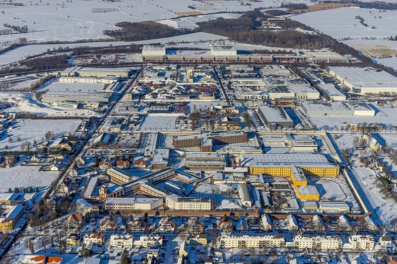 Aerial photo, Werl prison, Werl correctional facility, Werl correctional facility, industrial area, KonWerl commercial area, ATU warehouse, winter, snow, Werl, Soester Börde, North Rhine-Westphalia, Germany, Soester, Börde, DE, Europe, birds-eyes, view, aerial photo, aerial photography, aerial photography, overview, overview, bird's eye view, correctional facility, correctional facility, prison, law, justice, justice, penal system, industrial area, industry, manufacturing, production, trade, economy, commercial enterprise, trade
