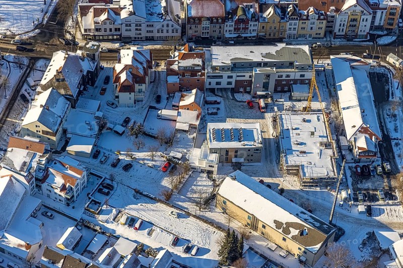 Aerial view, construction site new building at the police station, Caritas social station, winter, snow, Werl, Soester Börde, North Rhine-Westphalia, Germany, Soester, Börde, DE, Europe, birds-eyes, view, aerial photography, aerial photography, aerial photography, overview, overview, bird's eye view, Caritas centre, police, law enforcement officer