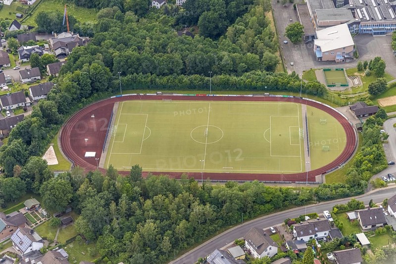 Aerial view, sports field at the comprehensive school Wenden, Möllmicke, Wenden, Sauerland, North Rhine-Westphalia, Germany, DE, Europe, football field, football stadium, athletics stadium, aerial view, aerial photography, aerial photography, sports facilities, sports field, sports facility, overview, bird's-eye view, overview