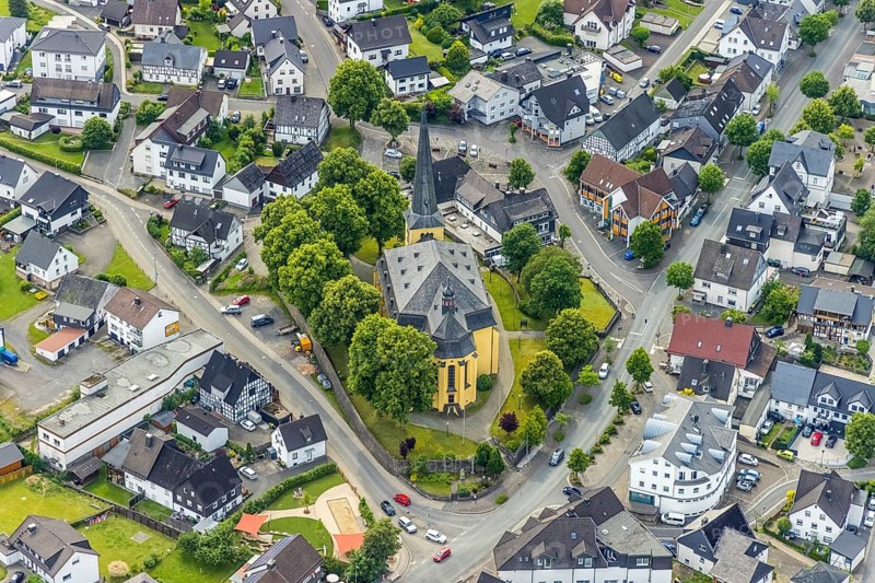 Aerial view, catholic church St. Severin, Wenden, Sauerland, North Rhine-Westphalia, Germany, place of worship, DE, Europe, religious community, place of worship, holy place, church, parish, denomination, aerial view, aerial photography, aerial photography, religion, religious site, overview, bird's-eye view, overview