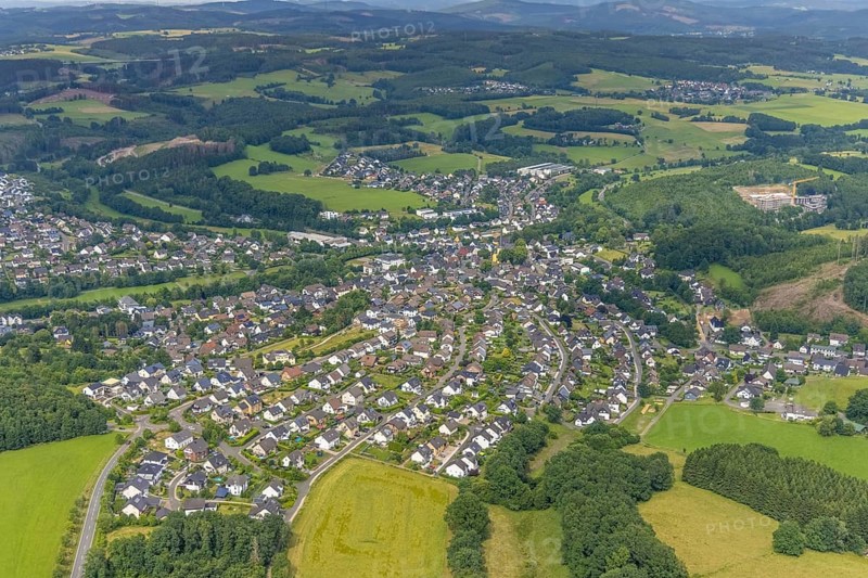 Aerial view, construction site St. Josefsheim, local view Wenden, Sauerland, North Rhine-Westphalia, Germany, DE, Europe, distant view, property tax, real estate, aerial view, aerial photography, aerial photography, overview, bird's eye view, Wenden, living and living, residential area, residential buildings, quality of life, birds-eyes view, overview