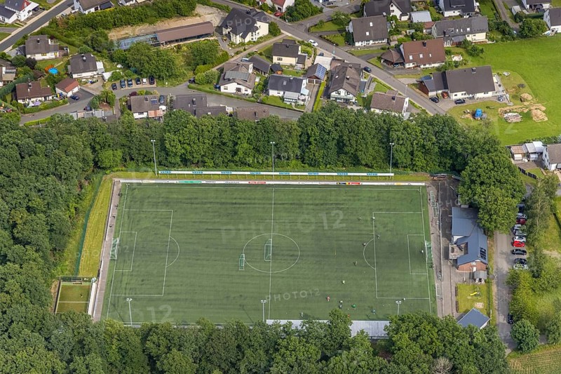 Aerial view, sports field Am Winterhagen in Altenhof, Wenden, Sauerland, North Rhine-Westphalia, Germany, DE, Europe, football field, hilly landscape, aerial view, aerial photography, aerial photography, sports, sports facilities, sports field, sports facility, overview, bird's-eye view, forest area, birds-eyes view, overview