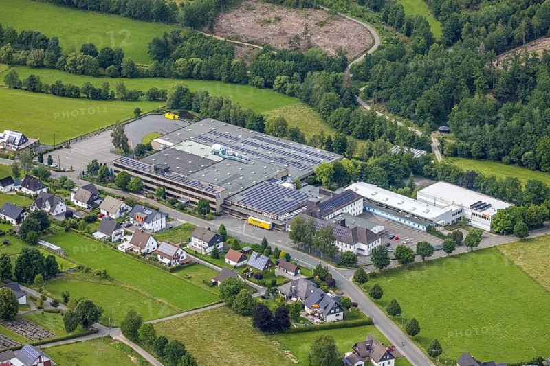 Aerial view, company premises Berker GmbH, Ottfingen, Wenden, Sauerland, North Rhine-Westphalia, Germany, DE, Europe, commercial enterprises, commercial area, commercial area, commercial location, commercial use, industrial area, industrial building, industrial location, aerial photograph, aerial photography, aerial photography, overview, bird's-eye view, overview