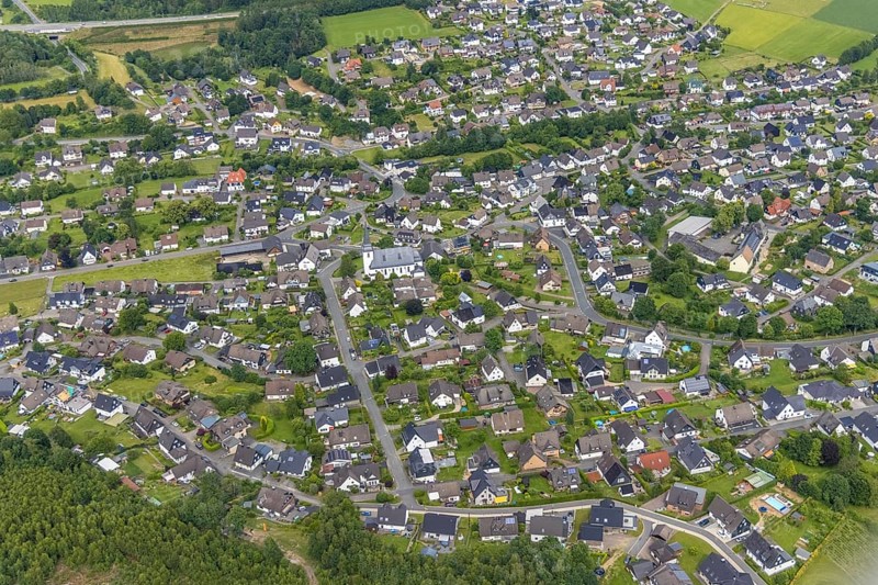 Aerial view, catholic church St.Hubertus, local view Ottfingen, Wenden, Sauerland, North Rhine-Westphalia, Germany, place of worship, DE, Europe, religious community, place of worship, holy place, church, parish, denomination, aerial view, aerial photography, aerial photography, religion, religious site, overview, bird's-eye view, overview