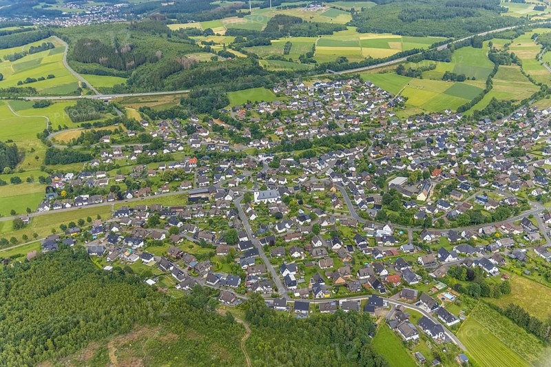 Aerial view, catholic church St.Hubertus, local view Ottfingen, Wenden, Sauerland, North Rhine-Westphalia, Germany, place of worship, DE, Europe, religious community, place of worship, holy place, church, parish, denomination, aerial view, aerial photography, aerial photography, religion, religious site, overview, bird's-eye view, overview