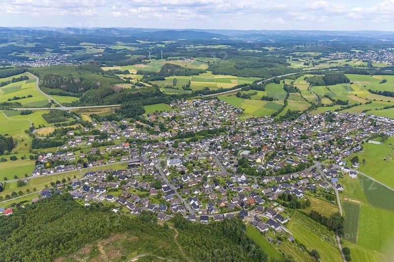 Aerial view, catholic church St.Hubertus, local view Ottfingen, Wenden, Sauerland, North Rhine-Westphalia, Germany, place of worship, DE, Europe, religious community, place of worship, holy place, church, parish, denomination, aerial view, aerial photography, aerial photography, religion, religious site, overview, bird's-eye view, overview