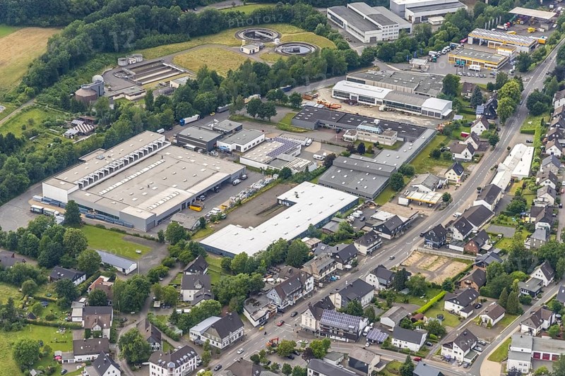 Aerial view, sewage treatment plant Wenden, industrial estate Auf dem Ohl, Gerlingen, Wenden, Sauerland, North Rhine-Westphalia, Germany, DE, Europe, commercial enterprises, commercial area, industrial estate, business park, commercial location, commercial use, industrial area, industrial building, industrial location, sewage treatment plant, aerial view, aerial photography, aerial photography, overview, bird's-eye view, birds-eyes view, overview
