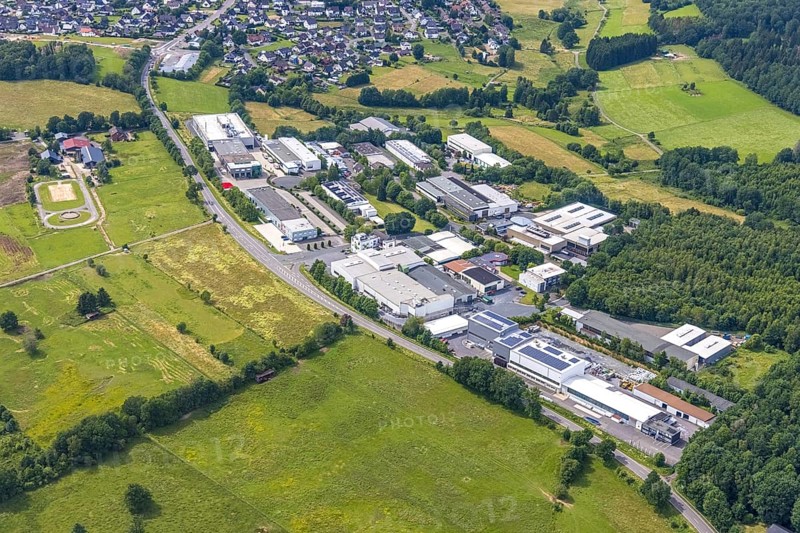 Aerial view, commercial area Siegener Straße, Ludger Clemens Landwirtschaftsbetrieb Reiterhof, Hünsborn, Wenden, Sauerland, North Rhine-Westphalia, Germany, DE, Europe, commercial enterprises, commercial area, commercial area, commercial location, commercial use, industrial area, industrial location, agricultural enterprise, aerial photograph, aerial photography, aerial photography, riding centre, riding stable, overview, bird's-eye view, overview