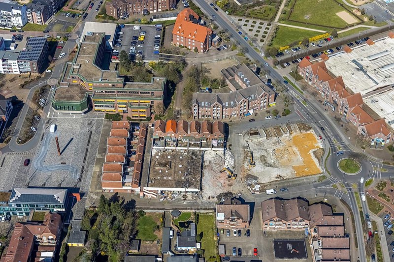 Aerial view, town hall, construction site and demolition for new business centre at the town hall square, Voerde, Ruhr area, Lower Rhine, North Rhine-Westphalia, Germany, authority, DE, Europe, aerial view, aerial photography, aerial photography, market place, town hall square, overview, bird's eye view, weekly market market, birds-eyes view, overview