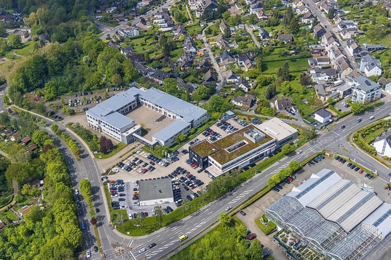 Aerial photo, fire brigade Velbert, Procar Automobile GmbH dealer, Velbert, Ruhr area, North Rhine-Westphalia, Germany, fire fighter, fire protection, fire watch, DE, Europe, fire station, fire brigade, aerial photo, aerial photography, aerial photography, overview, bird's-eye view, overview