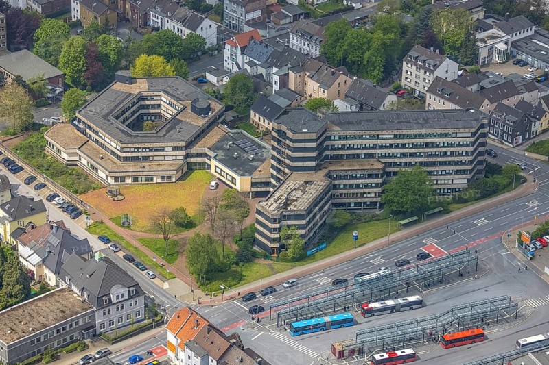Aerial view, local court and tax office, Velbert, Ruhr area, North Rhine-Westphalia, Germany, authority, bus station, DE, Europe, aerial view, aerial photography, aerial photography, Nedderstraße, overview, administration, bird's eye view, ZOB, birds-eyes view, overview