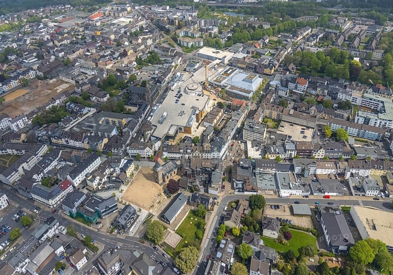 Aerial view, construction site at Forum Niederberg, cultural and event centre, StadtGalerie Velbert, St. Marien Kirche, Alte Kirche Velbert am Marktplatz, Velbert, Ruhr area, North Rhine-Westphalia, Germany, place of worship, construction work, construction area, building plots, construction project, construction site, DE, shopping centre, shopping square, shopping centre, Europe, religious community, place of worship, holy place, church, congregation, denomination, convention centre, culture, art, aerial view, aerial photography, aerial photography, religion, religious site, shopping, shopping centre, overview, events, event location, event venue, event centre, bird's-eye view, birds-eyes view, cultural use, overview