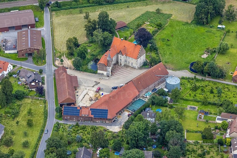 Aerial view, architectural monument, Haus Westhemmerde, farm, Westhemmerde, Unna, Ruhr area, North Rhine-Westphalia, Germany, architectural monument, DE, monument protection, Europe, manorial building, farm, aerial view, aerial photography, aerial photography, photovoltaic, photovoltaic system, castle, solar, solar system, solar roof, solar energy, solar energy, overview, bird's eye view, moat, moated castle, moated castle, birds-eyes view, former aristocratic residence, overview