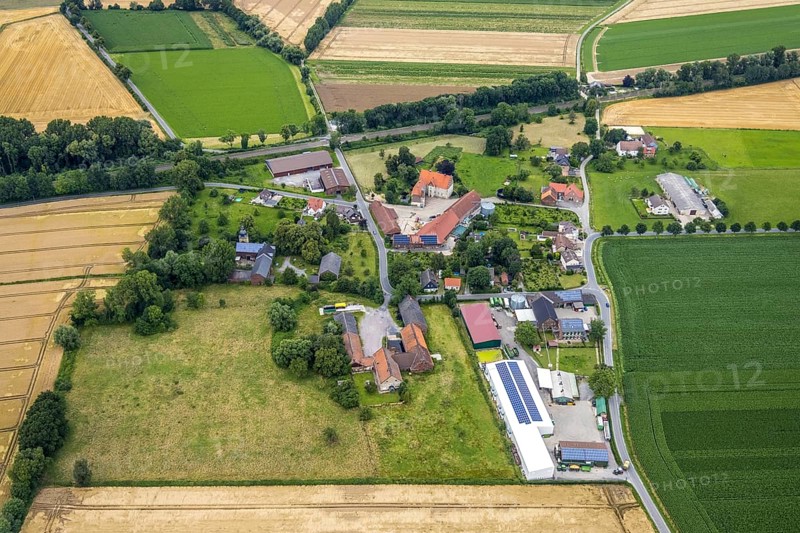 Aerial view, architectural monument, Haus Westhemmerde, farm, Westhemmerde, Unna, Ruhr area, North Rhine-Westphalia, Germany, architectural monument, DE, monument protection, Europe, manorial building, farm, aerial view, aerial photography, aerial photography, photovoltaic, photovoltaic system, castle, solar, solar system, solar roof, solar energy, solar energy, overview, bird's eye view, moat, moated castle, moated castle, birds-eyes view, former aristocratic residence, overview