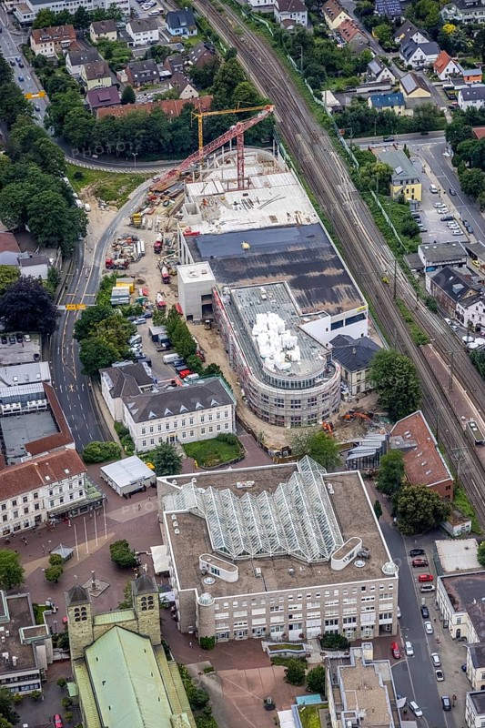 Aerial view, construction site and new building shopping centre, former site Mühle Bremme, town hall, Unna, Ruhr area, North Rhine-Westphalia, Germany, construction work, construction area, construction site, building plots, construction project, construction site, authority, DE, shopping centre, Europe, Kantstraße, aerial view, aerial photography, aerial photography, new building, post office stairs, city administration, overview, bird's-eye view, overview