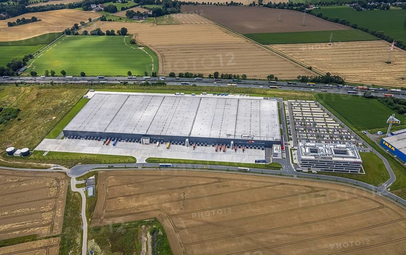 Aerial view, new Woolworth headquarters and logistics centre, commercial area Unna Kamen, Afferde, Unna, Ruhr area, North Rhine-Westphalia, Germany, DE, Europe, commercial enterprises, commercial area, commercial park, commercial location, commercial use, industrial area, industrial building, industrial location, logistics, logistics service, logistics service provider, logistics provider, logistics centre, aerial photograph, aerial photography, aerial photography, overview, bird's-eye view, birds-eyes view, overview
