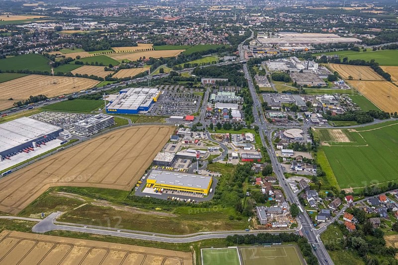 Aerial view, IKEA furniture store Kamen, Deutsche Post DHL Logistik, commercial area Unna Kamen, Afferde, Unna, Ruhr area, North Rhine-Westphalia, Germany, DE, Europe, commercial enterprises, commercial area, commercial park, commercial location, commercial use, industrial area, industrial building, industrial location, Kamen, logistics, logistics service, logistics service provider, logistics provider, logistics centre, aerial view, aerial photography, aerial photography, overview, bird's eye view, birds-eyes view, overview