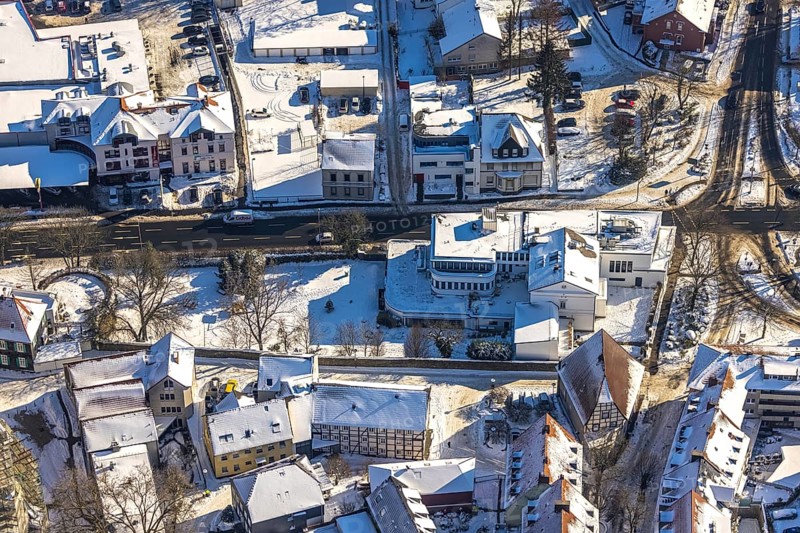 Aerial photo, Zeitungsverlag Unna GmbH, Unna, Ruhr area, North Rhine-Westphalia, Germany, DE, Europe, aerial photography, aerial photography, aerial photography, media, media house, media company, snow, overview, publisher, publishing house, publishing industry, bird's-eye view, waterway, winter, winter slump, winter landscape, newspaper publisher, birds-eyes view, overview