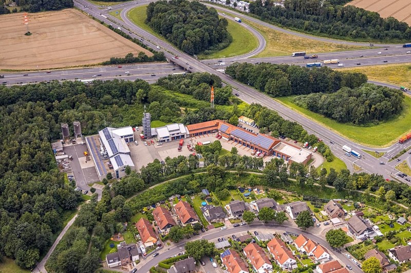 Aerial photo, control centre fire brigade and rescue service district Unna, at the motorway A1 and federal road B1, Maßen, Unna, Ruhr area, North Rhine-Westphalia, Germany, fire fighter, fire protection, fire watch, DE, Europe, fire station, fire brigade, Florianstraße, aerial photo, aerial photography, aerial photography, rescue station, overview, bird's-eye view, overview