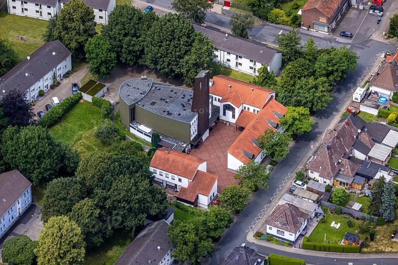 Aerial view, Coptic Orthodox Patriarchate Church of St. Mary and St. Philopater Mercurius, Maßen, Unna, Ruhr area, North Rhine-Westphalia, Germany, place of worship, DE, Europe, religious community, place of worship, holy place, church, parish, denomination, aerial view, aerial photography, aerial photography, religion, religious site, overview, bird's-eye view, overview
