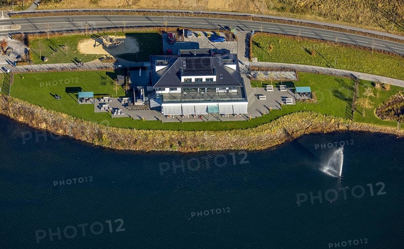 Aerial view, home harbour gastronomy at the lakeside promenade at the Sorpesee in the district Amecke in Sundern, Sauerland, North Rhine-Westphalia, Germany, café, DE, Europe, inn, restaurant, gastronomy, aerial view, aerial photography, aerial photography, restaurant, Sorpetalsperre, reservoir, Sundern, dam, overview, bird's-eye view, overview