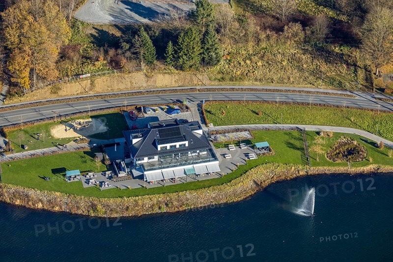 Aerial view, home harbour gastronomy at the lakeside promenade at the Sorpesee in the district Amecke in Sundern, Sauerland, North Rhine-Westphalia, Germany, café, DE, Europe, inn, restaurant, gastronomy, aerial view, aerial photography, aerial photography, restaurant, Sorpetalsperre, reservoir, Sundern, dam, overview, bird's-eye view, overview