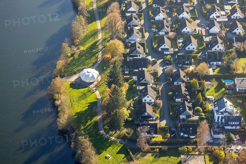 Aerial view, white pavilion at the air adventure trail at the Sorpe lake in the district Amecke in Sundern, Sauerland, North Rhine-Westphalia, Germany, DE, Europe, aerial view, aerial photography, aerial photography, sight, Sorpe dam, reservoir, Sundern, dam, overview, bird's-eye view, overview