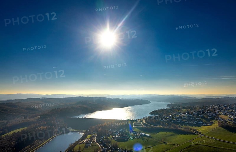 Aerial view, Sorpesee in backlight in the district Langscheid in Sundern, Sauerland, North Rhine-Westphalia, Germany, DE, Europe, distant view, backlight, aerial view, aerial photography, aerial photography, lake, Sorpe dam, reservoir, Sundern, dam, overview, bird's-eye view, overview