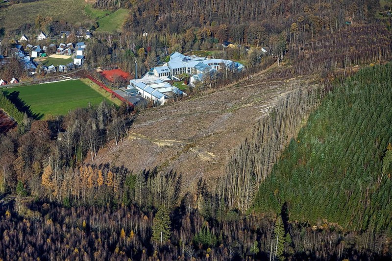Aerial view, forest area with forest damage and sports and conference centre Hachen in the district Hachen in Sundern, Sauerland, North Rhine-Westphalia, Germany, tree dieback, bark beetle damage, bark beetle plague, DE, Europe, spruce dieback, clear-cutting, aerial view, aerial photography, aerial photography, sports field, sports centre, Sundern, overview, bird's eye view, forest, forest damage, forest dieback, birds-eyes view, overview
