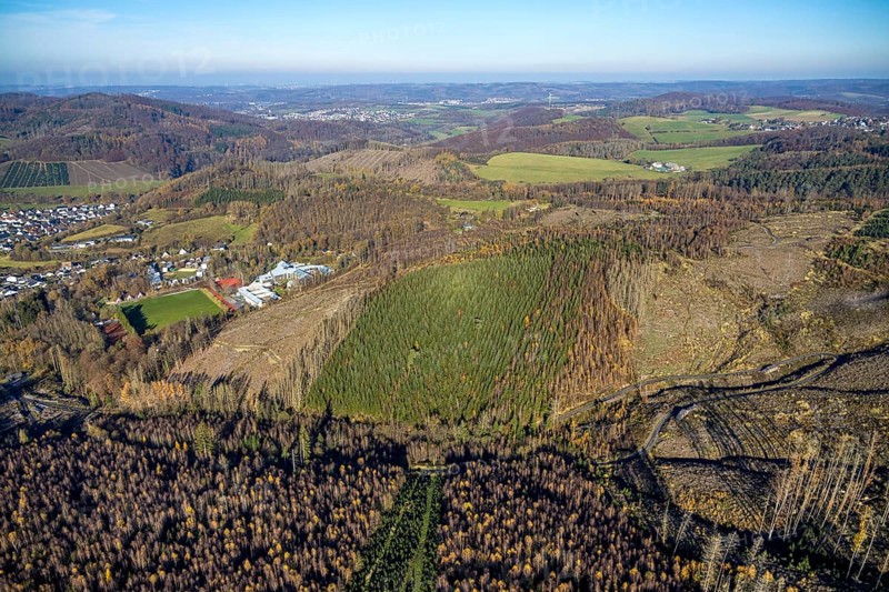 Aerial view, forest area with forest damage and sports and conference centre Hachen in the district Hachen in Sundern, Sauerland, North Rhine-Westphalia, Germany, tree dieback, bark beetle damage, bark beetle plague, DE, Europe, spruce dieback, clear-cutting, aerial view, aerial photography, aerial photography, sports field, sports centre, Sundern, overview, bird's eye view, forest, forest damage, forest dieback, birds-eyes view, overview