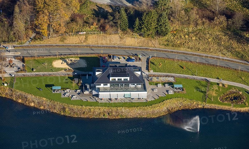 Aerial view, gastronomy home harbour at the lakeside promenade at the Sorpesee in the district Amecke in Sundern, Sauerland, North Rhine-Westphalia, Germany, café, DE, Europe, inn, restaurant, gastronomy, aerial view, aerial photography, aerial photography, restaurant, Sorpetalsperre, reservoir, Sundern, dam, overview, bird's-eye view, overview