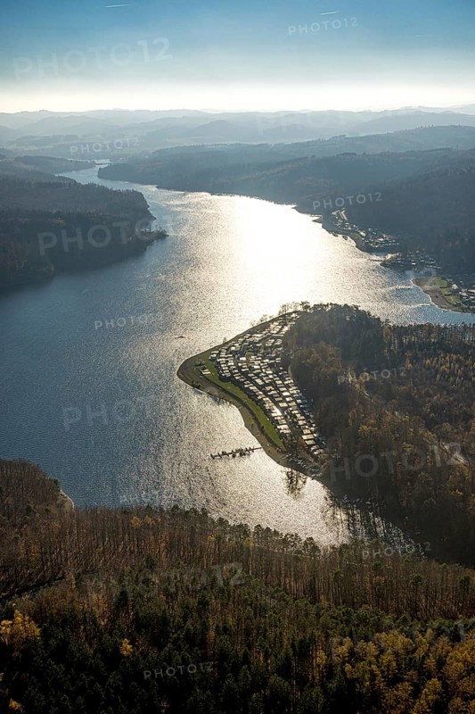 Aerial view, Sorpesee backlit with family campsite Sorpesee Campingplatz im Ortsteil Langscheid in Sundern, Sauerland, North Rhine-Westphalia, Germany, camping, camping site, campsite, DE, Europe, distant view, backlight, aerial view, aerial photography, aerial photography, Sorpetalsperre, reservoir, Sundern, dam, overview, bird's-eye view, birds-eyes view, overview