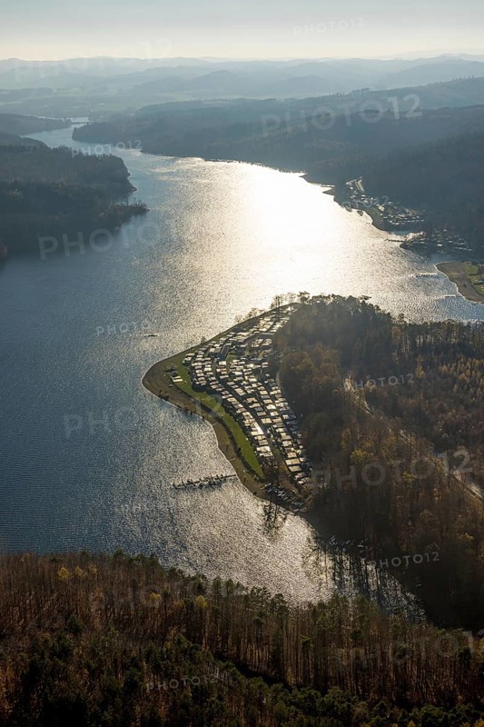 Aerial view, Sorpesee backlit with family campsite Sorpesee Campingplatz im Ortsteil Langscheid in Sundern, Sauerland, North Rhine-Westphalia, Germany, camping, camping site, campsite, DE, Europe, distant view, backlight, aerial view, aerial photography, aerial photography, Sorpetalsperre, reservoir, Sundern, dam, overview, bird's-eye view, birds-eyes view, overview