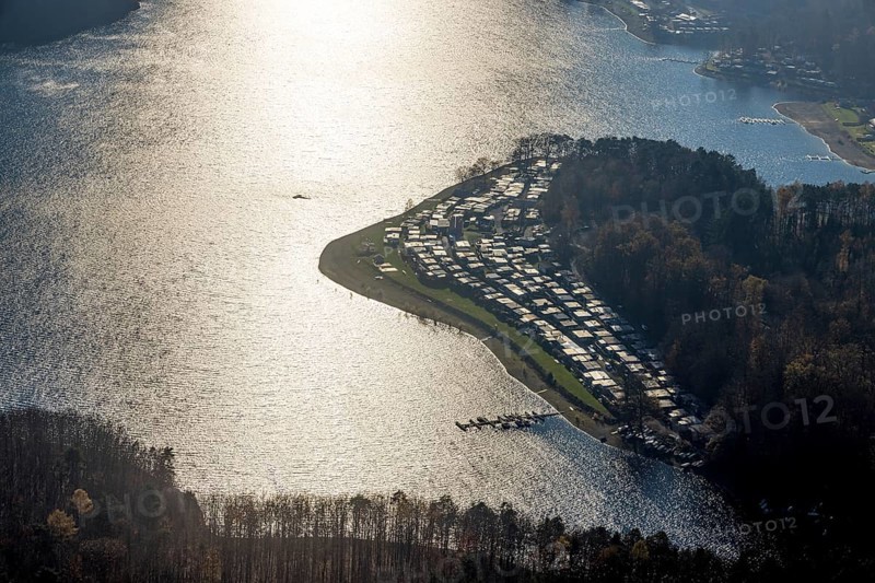 Aerial view, Sorpesee in backlight in the district Langscheid in Sundern, Sauerland, North Rhine-Westphalia, Germany, DE, Europe, backlight, aerial view, aerial photography, aerial photography, lake, Sorpetalsperre, reservoir, Sundern, dam, overview, bird's-eye view, overview