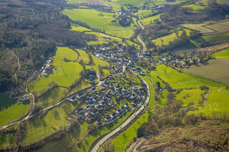Aerial view, St. Laurentius church and view of Enkhausen district, Sundern, Sauerland, North Rhine-Westphalia, Germany, federal road B229, DE, Enkhauser Straße, Europe, aerial view, aerial photography, aerial photography, town view, town area, overview, bird's-eye view, overview