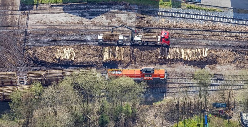 Aerial view, timber transport and loading at Sundern station, Sundern, Sauerland, North Rhine-Westphalia, Germany, railway tracks, railway station, DE, Deutsche Bahn AG, Europe, freight, freight transport, freight traffic, main station, aerial view, aerial photography, aerial photography, overview, bird's-eye view, overview