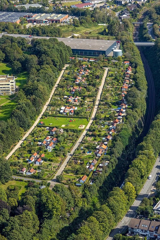 Aerial view, allotment garden association Schloss Martfeld in Schwelm, Ruhr area, North Rhine-Westphalia, Germany, DE, Europe, community garden, allotment garden, allotment garden site, allotment garden association, aerial view, aerial photography, aerial photography, allotment garden, Schwelm, overview, bird's-eye view, overview