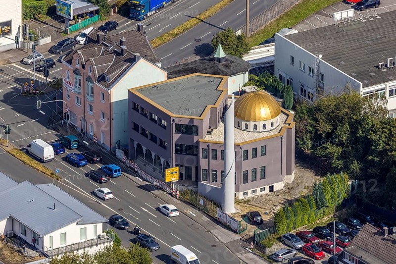Aerial view, new mosque building, new building Diyanet-Turkish Islamic Cultural Association Schwelm in the district Loh in Schwelm, Ruhr area, North Rhine-Westphalia, Germany, construction work, construction area, construction site, building plots, construction project, construction site, DE, Europe, aerial view, aerial photography, aerial photography, new building, Schwelm, overview, bird's-eye view, overview