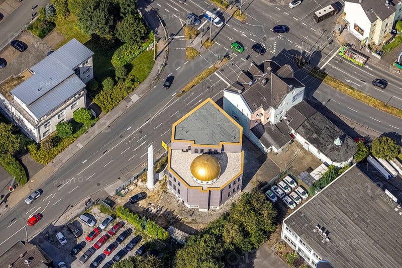 Aerial view, new mosque building, new building Diyanet-Turkish Islamic Cultural Association Schwelm in the district Loh in Schwelm, Ruhr area, North Rhine-Westphalia, Germany, construction work, construction area, construction site, building plots, construction project, construction site, DE, Europe, aerial view, aerial photography, aerial photography, new building, Schwelm, overview, bird's-eye view, overview