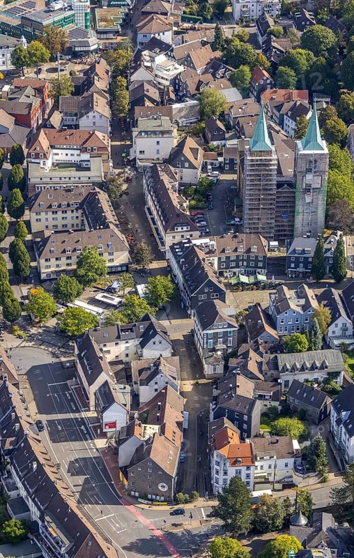 Aerial view, church tower renovation of the evang. Christuskirche in Schwelm, Ruhr area, North Rhine-Westphalia, Germany, place of worship, construction work, construction area, construction site, construction measure, construction project, construction site, DE, Europe, religious community, place of worship, holy place, church, parish, church towers, denomination, aerial view, aerial photography, aerial photography, religion, religious site, renovation, renovation, Schwelm, tower, overview, cladding, bird's eye view, birds-eyes view, overview
