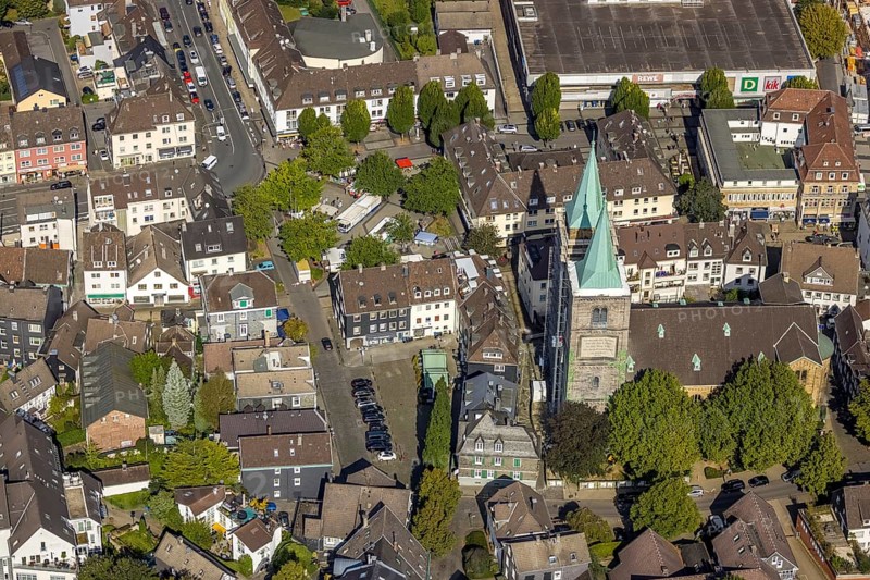 Aerial view, church tower renovation of the evang. Christuskirche and Altmarkt in Schwelm, Ruhr area, North Rhine-Westphalia, Germany, place of worship, construction work, construction area, construction site, construction measure, construction project, construction site, DE, Europe, religious community, place of worship, holy place, church, parish, church towers, denomination, aerial view, aerial photography, aerial photography, religion, religious site, renovation, redevelopment, Schwelm, tower, overview, cladding, bird's-eye view, overview