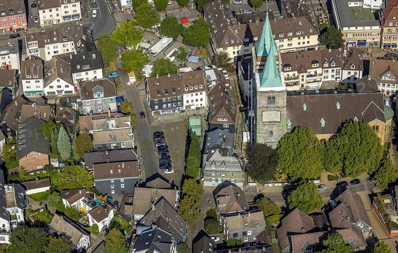Aerial view, church tower renovation of the evang. Christuskirche and Altmarkt in Schwelm, Ruhr area, North Rhine-Westphalia, Germany, place of worship, construction work, construction area, construction site, construction measure, construction project, construction site, DE, Europe, religious community, place of worship, holy place, church, parish, church towers, denomination, aerial view, aerial photography, aerial photography, religion, religious site, renovation, redevelopment, Schwelm, tower, overview, cladding, bird's-eye view, overview