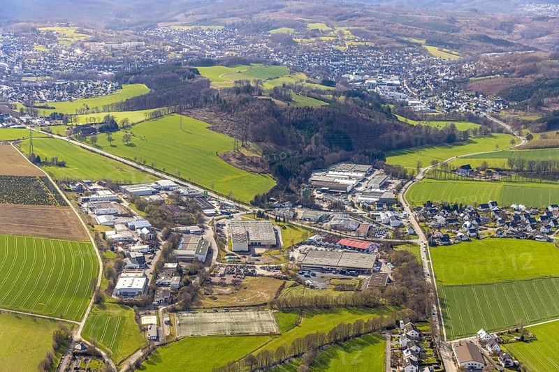 Aerial view, commercial area Selschede, Hanns-Martin-Schleyer-Straße, Westenfeld, Sundern, Sauerland, North Rhine-Westphalia, Germany, DE, Europe, football ground, commercial enterprises, commercial area, commercial site, commercial use, industrial area, industrial site, aerial photograph, aerial photography, aerial photography, sports, sports facilities, sports site, overview, bird's-eye view, birds-eyes view, overview