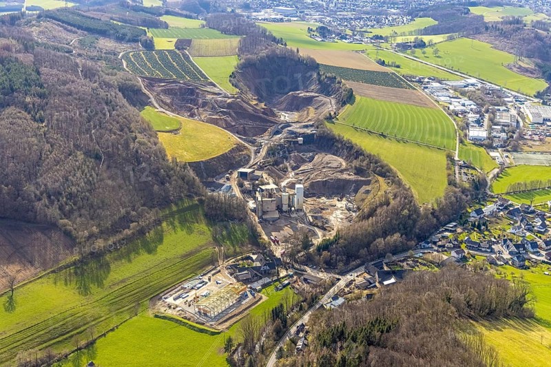 Aerial view, Westenfeld quarry, German asphalt asphalt mixing plant, construction site new building, Westenfeld, Sundern, Sauerland, North Rhine-Westphalia, Germany, construction work, construction area, construction site, building plots, construction project, construction site, DE, Europe, aerial view, aerial photography, aerial photography, new building, quarry, overview, bird's-eye view, overview