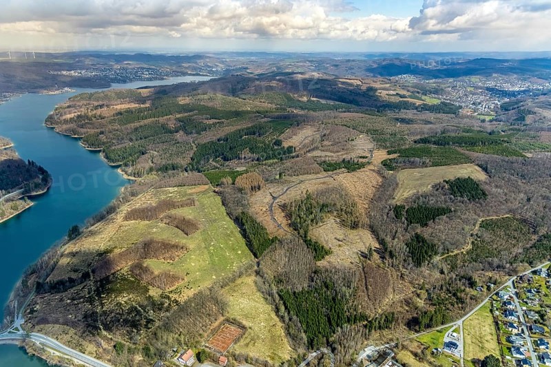 Aerial photo, forest damage in the forest area at Sorpesee, Amecke, Sundern, Sauerland, North Rhine-Westphalia, Germany, tree mortality, DE, Europe, hilly landscape, aerial photo, aerial photography, aerial photography, lake, Sorpe dam, overview, bird's-eye view, forest, forest area, forest damage, forest mortality, birds-eyes view, overview, spruce mortality, bark beetle plague, bark beetle damage, dead spruce, spruce clear-cut, clear-cutting, damaged wood