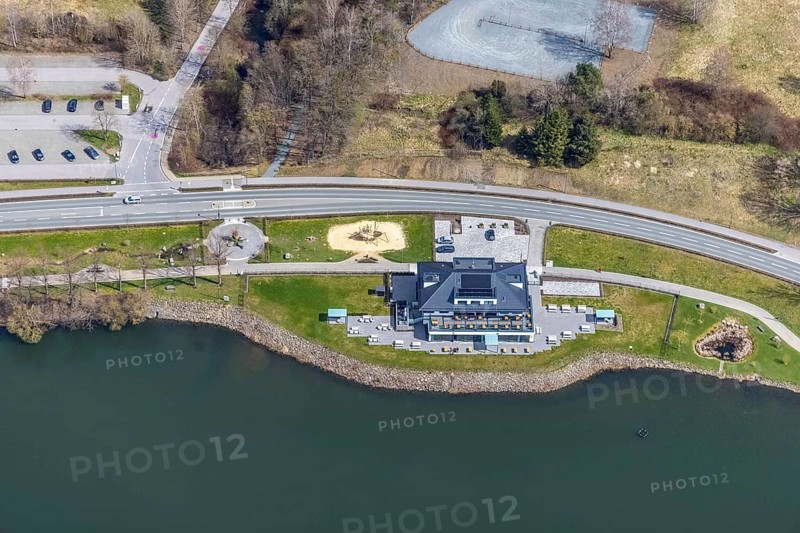 Aerial view, gastronomy home harbour at the lakeside promenade Seestraße, Sorpesee, Amecke, Sundern, Sauerland, North Rhine-Westphalia, Germany, beer garden, bistro, café, DE, Europe, gastronomy, aerial view, aerial photography, aerial photography, restaurant, lake, Sorpetalsperre, overview, bird's-eye view, overview