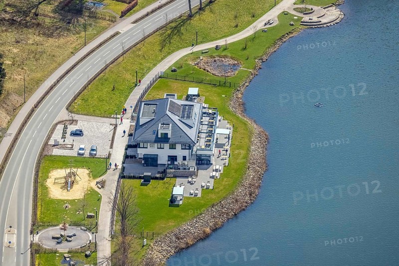 Aerial view, gastronomy home harbour at the lakeside promenade Seestraße, Sorpesee, Amecke, Sundern, Sauerland, North Rhine-Westphalia, Germany, beer garden, bistro, café, DE, Europe, gastronomy, aerial view, aerial photography, aerial photography, restaurant, lake, Sorpetalsperre, overview, bird's-eye view, overview