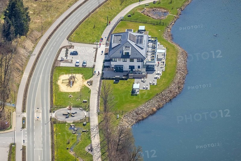 Aerial view, gastronomy home harbour at the lakeside promenade Seestraße, Sorpesee, Amecke, Sundern, Sauerland, North Rhine-Westphalia, Germany, beer garden, bistro, café, DE, Europe, gastronomy, aerial view, aerial photography, aerial photography, restaurant, lake, Sorpetalsperre, overview, bird's-eye view, overview