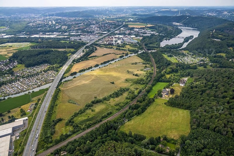 Aerial view, motorway A1 near Hagen and Schwerte, a week ago there was still land under water at this point - the Ruhr was flooding, course of the Ruhr, Westhofen, Schwerte, Ruhr area, North Rhine-Westphalia, Germany, DE, Europe, birds-eyes view, aerial view, aerial photography, overview, bird's eye view